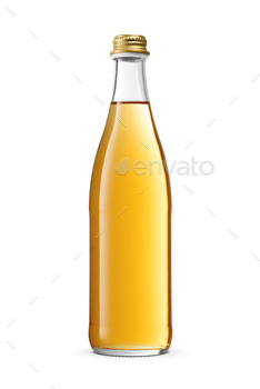 Clean transparent glass yellow soda bottle closed with golden screw metal cap isolated on a white.