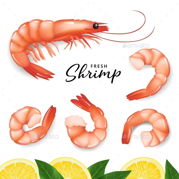 Realistic Shrimp Prawn and Lemon Icons Set