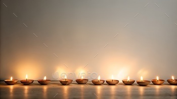 AI generated illustration of a row of lit diya candles against a gray background