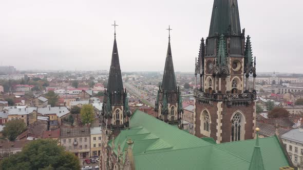 Aerial View of Historical Church of Saints Olga and Elizabeth Old Gothic Temple in Town Lviv Ukraine