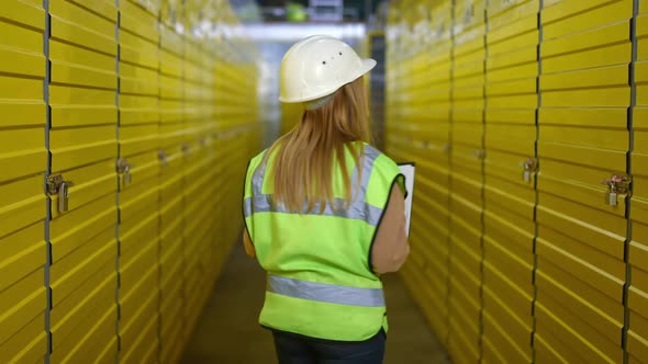 Back View Young Female Employee in Uniform Walking Along Rows of Yellow Lockers in Warehouse Filling
