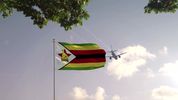 Zimbabwe Flag With Airplane And City -3D rendering