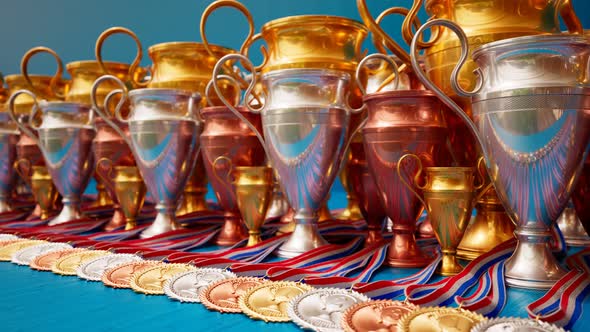 Endless animation of gold, silver and brown medals and cups for winners.