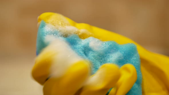 Hand in Yellow Cleaning Glove Holds Blue Foaming Sponge and Then Starts Cleaning Cooktop on Blurred