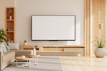 Empty living room mockup a TV wall mounted with sofa in living room with cream color wall