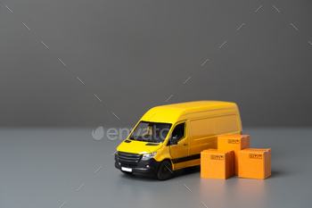 Delivery van and boxes. Logistics and industry.