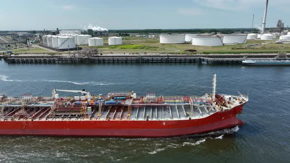 Crude Oil Tanker Ship Arriving into Port to Unload Petrochemicals at a Depot