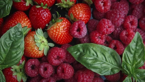 Colorful Berries Rotation Background. Green Leaves, Strawberry, Raspberry, Close-up Rotating