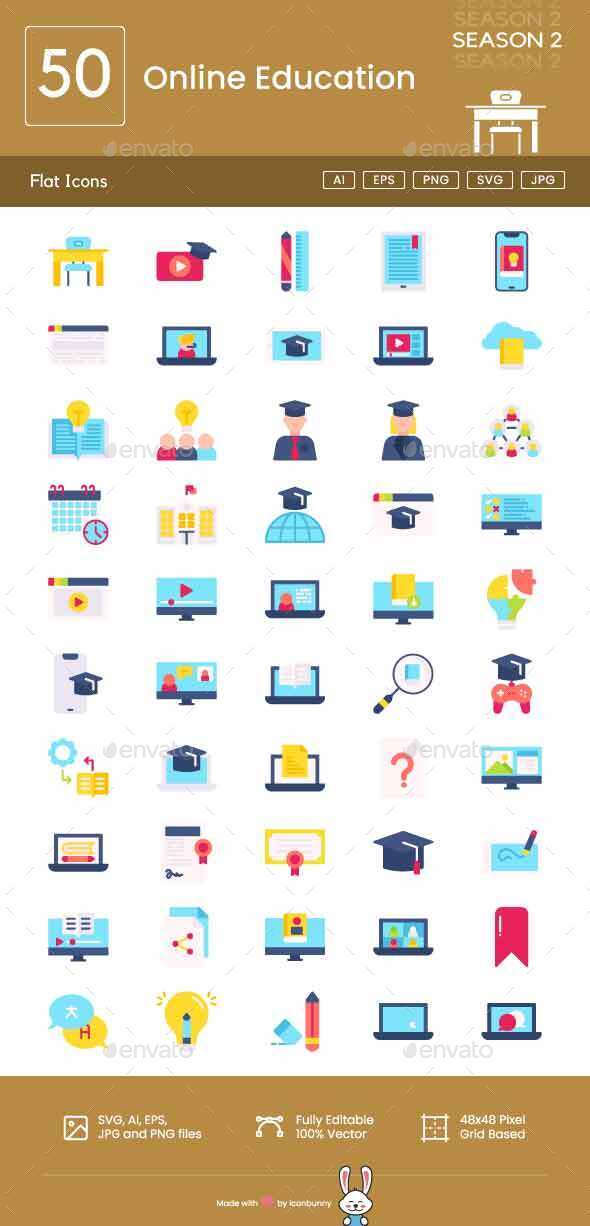 Online Education Flat Multicolor Icons