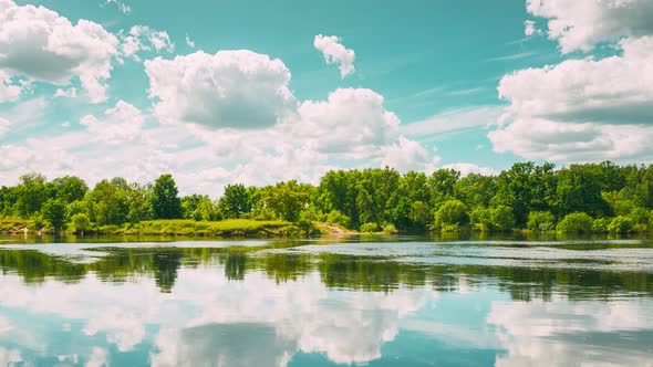 Hyperlapse Summer Cloudy Sky Above Summer River Landscape Lake