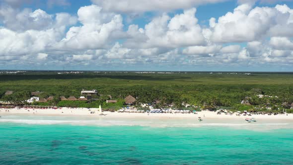 Aerial Panoramic View of a Tropical Beach in Tulum, Mexico