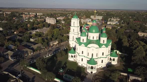 Aerail view to Cathedral Nativity Blessed Virgin in Kozelets, Chernihiv region, Ukraine