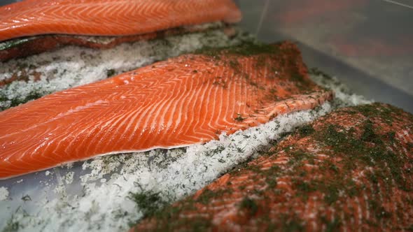 Green dill herb sprinkled over raw fresh salmon fillet in slow motion - Graved salted salmon product