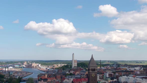 Tilt down view of Norrkoping church and downtown buildings in drone view