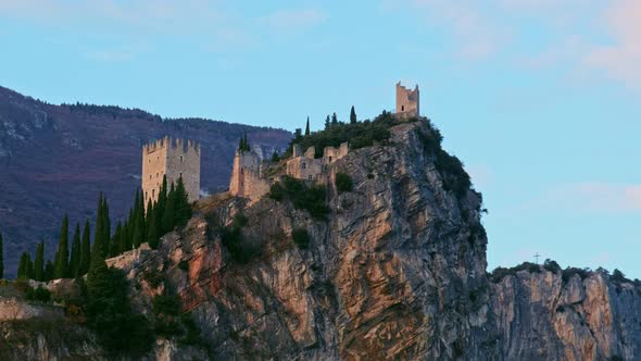 Arco Castle on Rocky Cliff Horizontal Pan of Trentino Alto Adige  Trento  Italy Landmarks