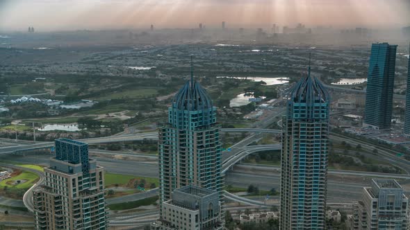 Morning in Dubai Marina with Towers and Traffic on Road From Skyscrapper Dubai UAE Timelapse