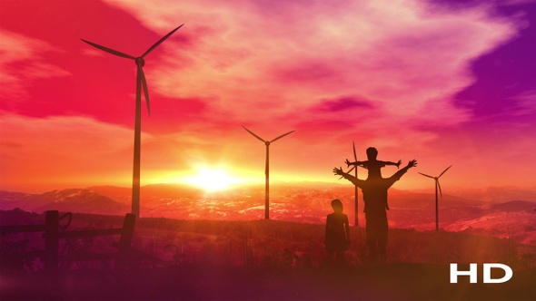 Father With Children Watching Wind Power Plants HD