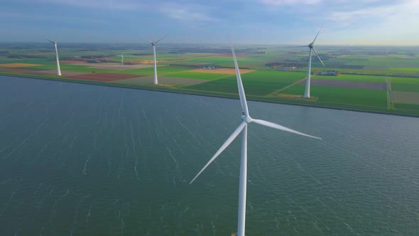 Windmill Park in the Ocean Drone Aerial View of Windmill Turbines Generating Green Energy Electric