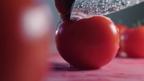 Cutting Beautiful Red Tomato Using Kitchen Knife Water Drops Macro Video