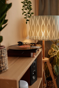 Vinyl Record Player on Wooden Shelf in Cozy Home