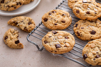 Chocolate chip cookies with chocolate chunks and caramel chips