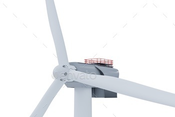 Close-up of wind turbine hub and blades on white background