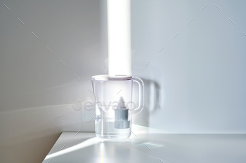 A jug with a water filter in the sun on the table.