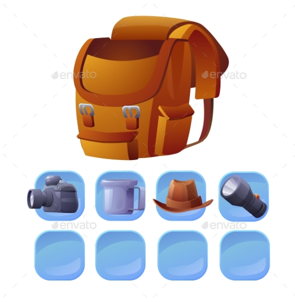 Camping Backpack Gear Vector Icons Set Cartoon