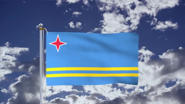 Flag Of Aruba Waving With Blue Sky