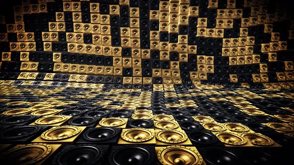 Shiny Black And Gold Random Tiled Speakers Waving Seamless Loop