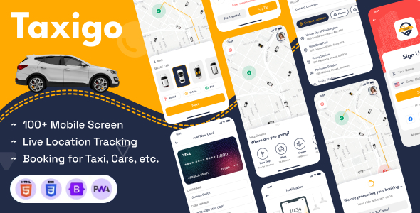 Car Rental and Taxi Booking Mobile App PWA HTML Template - Taxigo