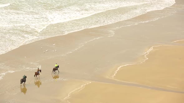 Aerial view of people riding horses at gallop on the beach