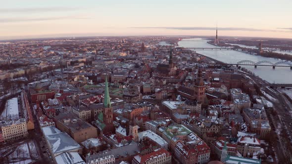 Aerial Winter Riga Old Town View