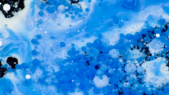 Amazing White and Blue Bubbles of Paint on the Oil Surface. Paint in Oil alt