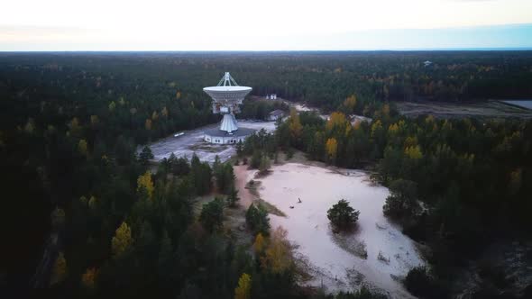 Aerial View of Super Secret Soviet Radio Telescope Near Abandoned Military Town Irbene in Latvia. 