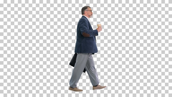 Senior businessman walking and holding, Alpha Channel