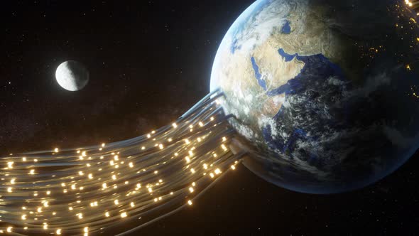 Wires Passing Through the Planet Earth and Giving It Energy. The Pulses Run Along the Fiber Optic