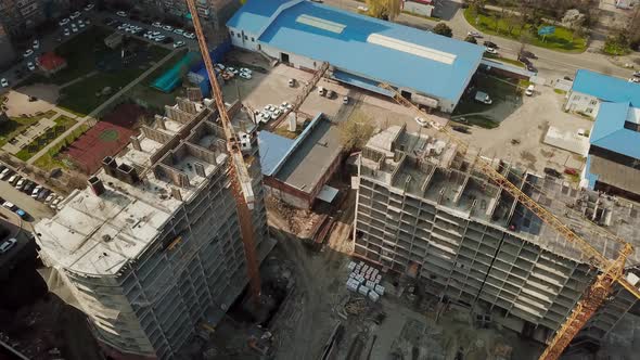 Crane Near Unfinished Building, Top View.