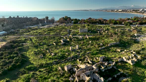 Ruins of an ancient city aerial view 4 K Turkey Side