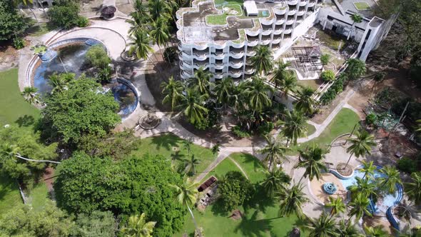 Aerial view abandoned old hotel building