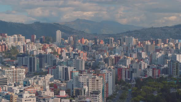 Quito City Magical Hour Travelling Aerial View. Ecuador