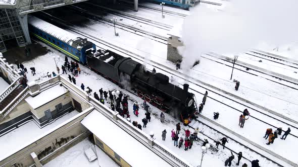 Aerial View of Old Retro Train Steam Locomotive at Lviv Railway Station