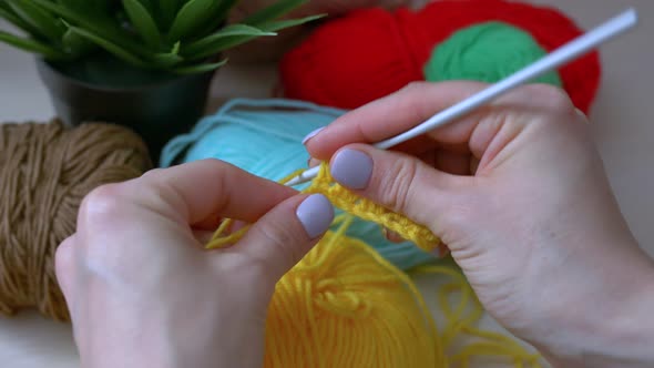 Girl Knits Crochet Yellow Thread Handmade Crochet Closeup