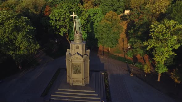 Aerial View Monument Saint Prince Vladimir with Cross in Green Park Kiev City