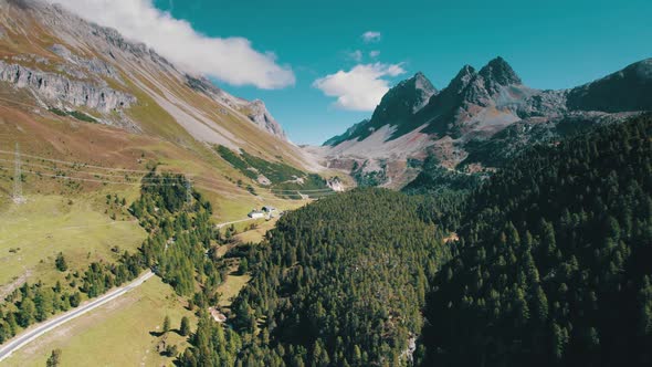 Aerial View Mountain Valley in the Albulapass in Swiss Alps