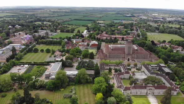 Aerial view of an impressive college conferencing by river Cam in Cambridge