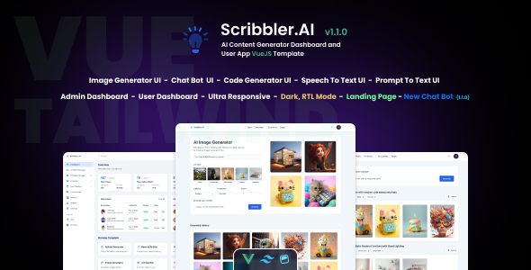 Scribbler.AI - AI Content Generator Dashboard and User App Vue JS Template