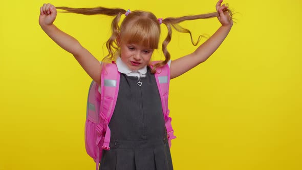 Smiling Schoolgirl Play with Pony Tails Laugh Fooling Around Making Playful Silly Facial Expressions