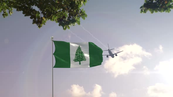 Norfolk Island Flag With Airplane And City -3D rendering