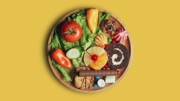 Top View of Fresh Ripe Fruits with Vegetables and Assorted Sweets Junk Food on Yellow Background